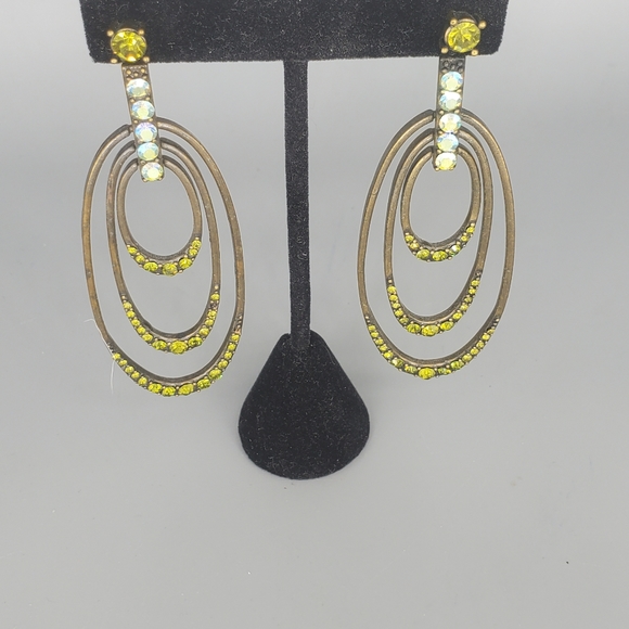 Brass Green Oval Dangle Earrings - Picture 2 of 6